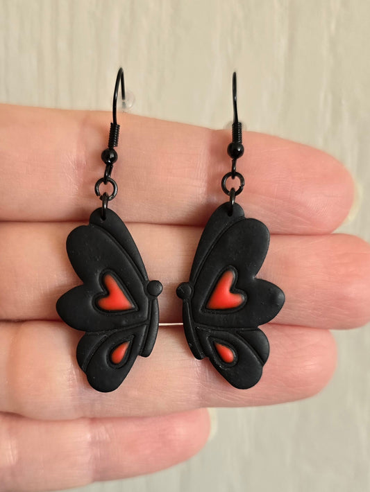 Black Butterfly Heart Wing Earrings