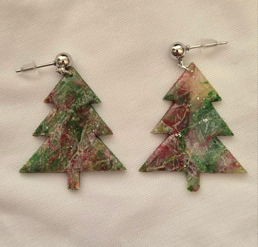 White, Red, & Green Christmas Tree Earrings