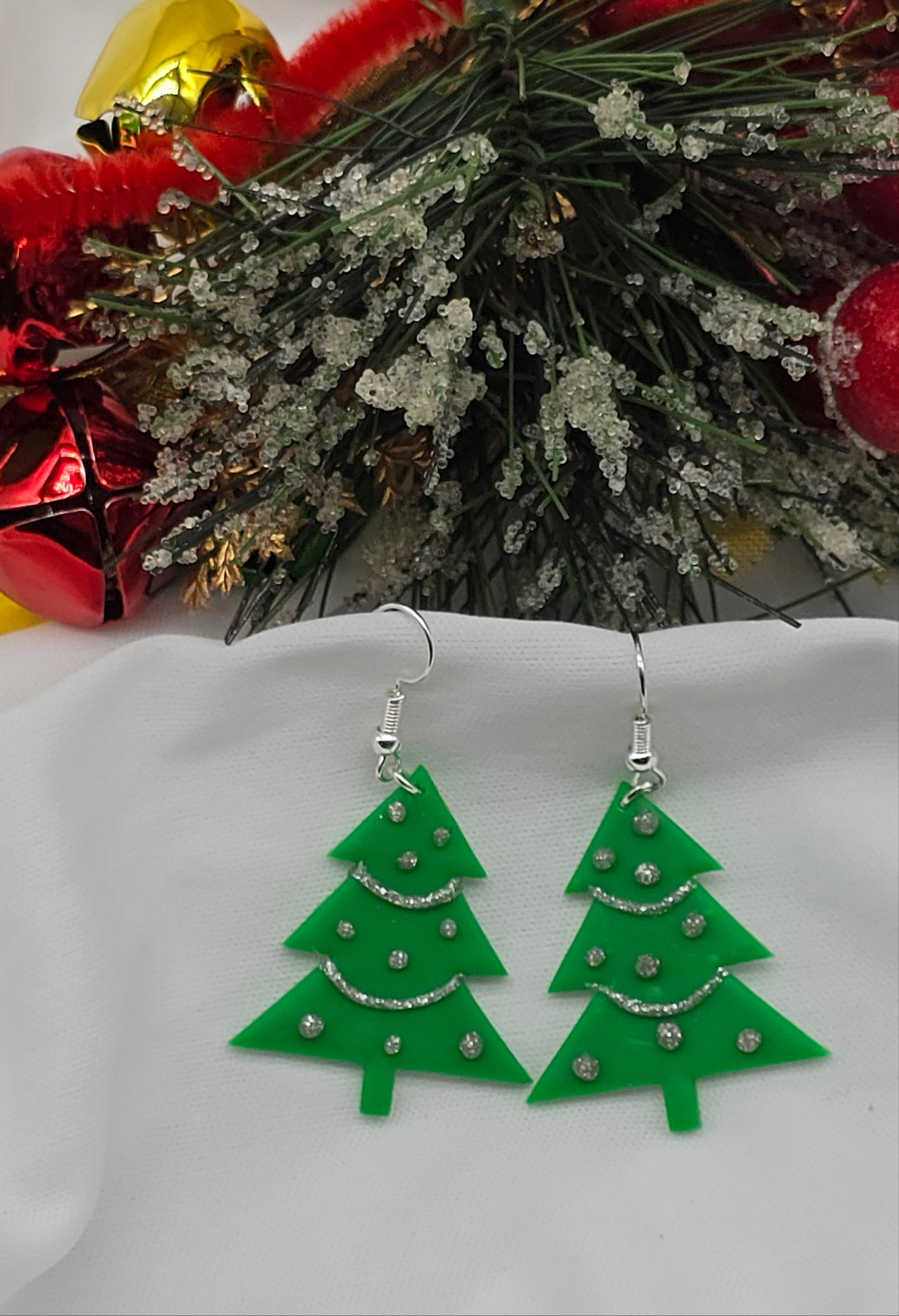 Green and Silver Christmas Tree Earrings