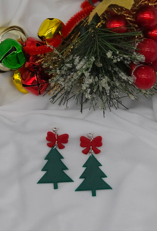Green Christmas Tree with Red Bow Earrings