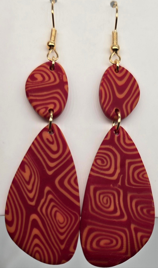 Red and Gold Square Swirls Teardrop Earrings