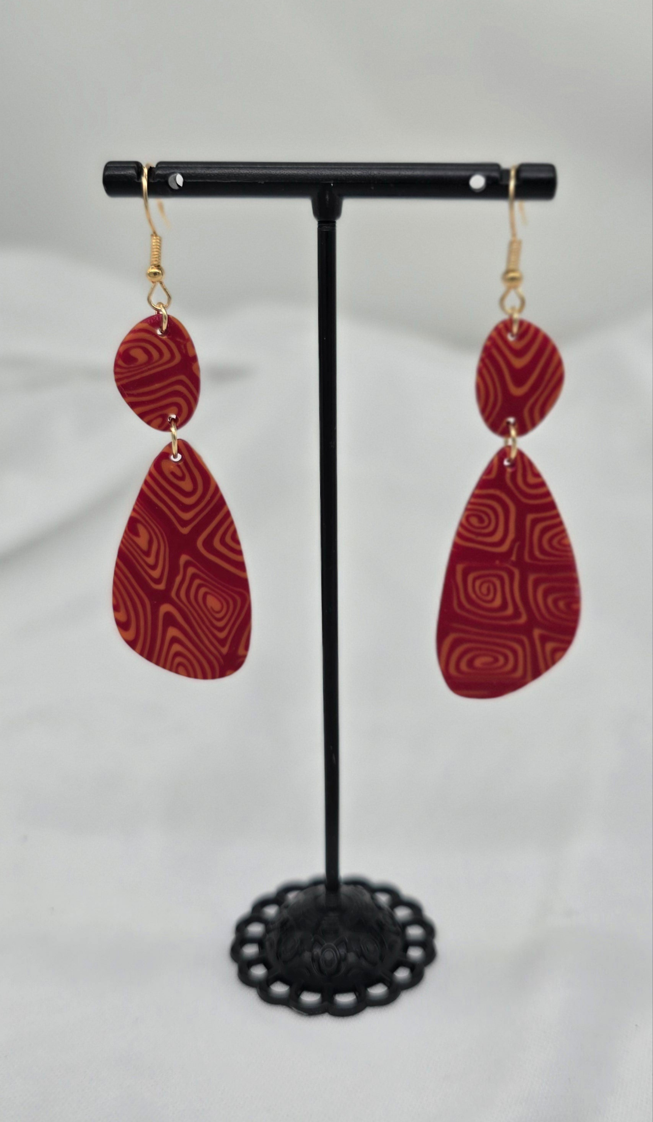 Red and Gold Square Swirls Teardrop Earrings