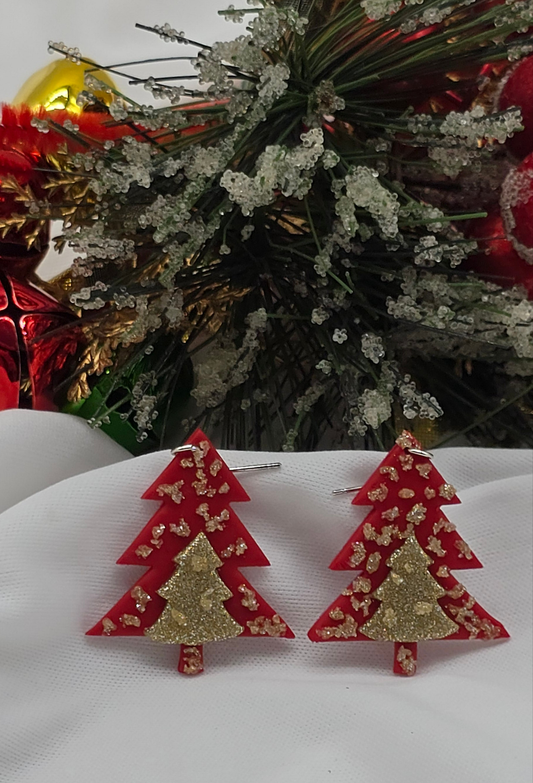 Silver and Red Christmas Tree Earrings