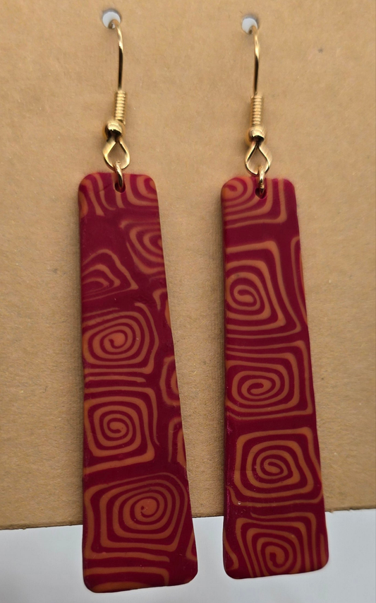 Red and Gold Square Swirls Dangle Earrings