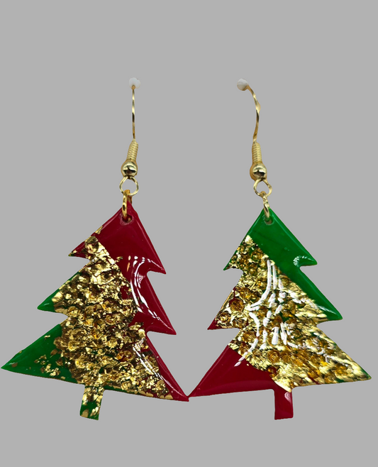 Red, Green & Gold Christmas Tree Earrings
