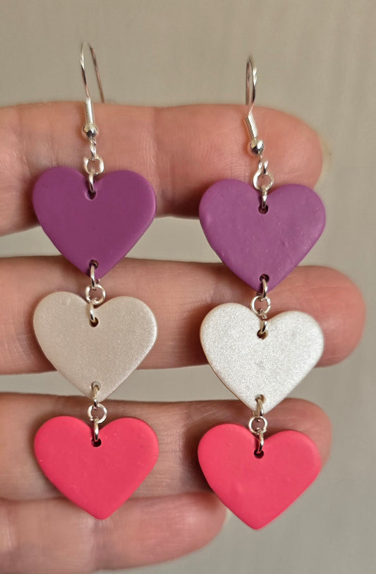 Purple, Pearl and Pink Three Heart Dangle Earrings