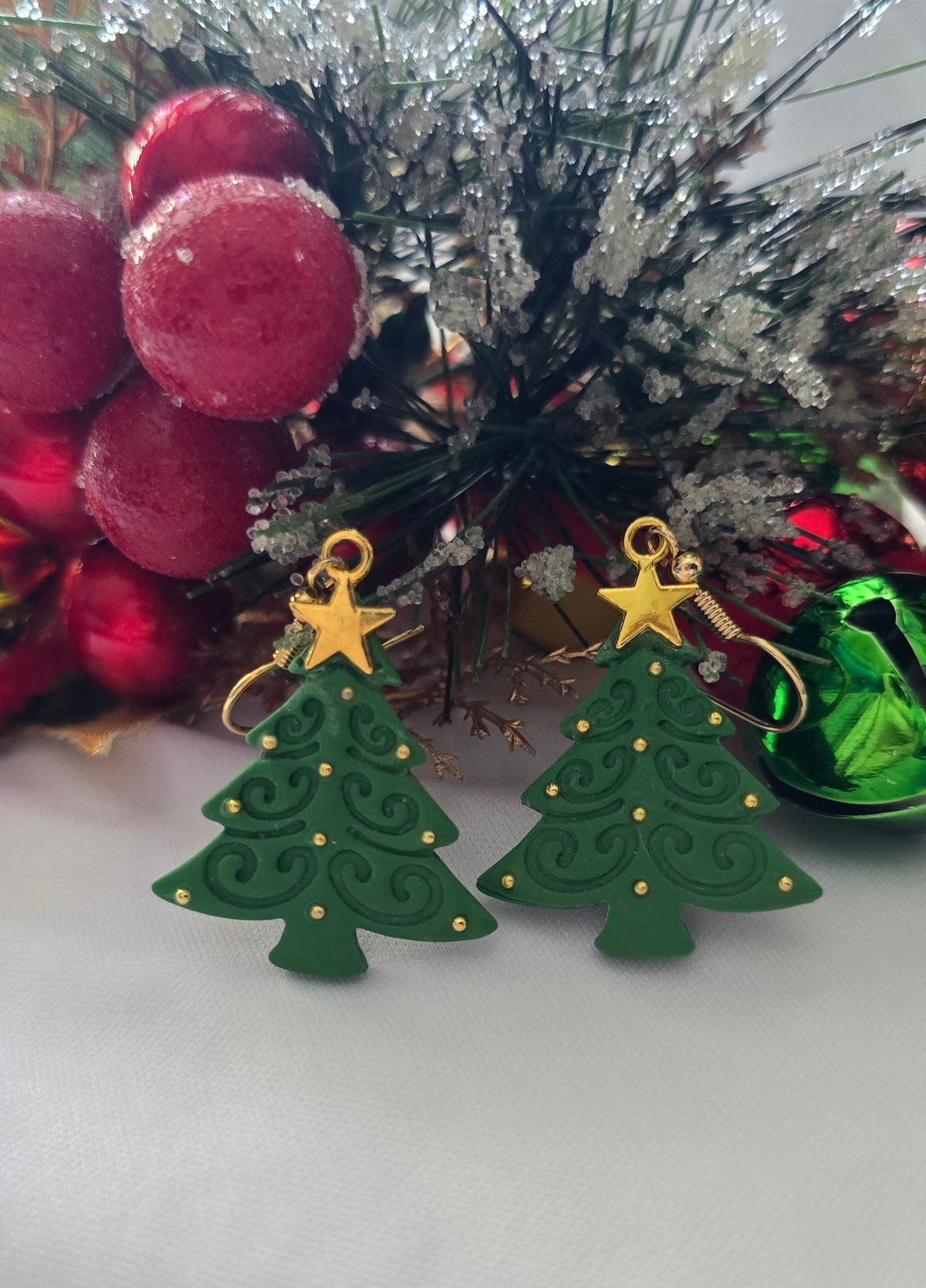 Green Christmas Tree Gold Star Earrings