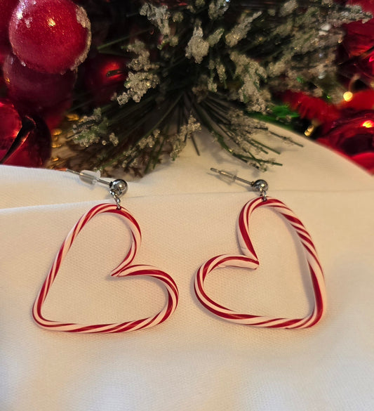 Red and White Candy Cane Heart Earrings