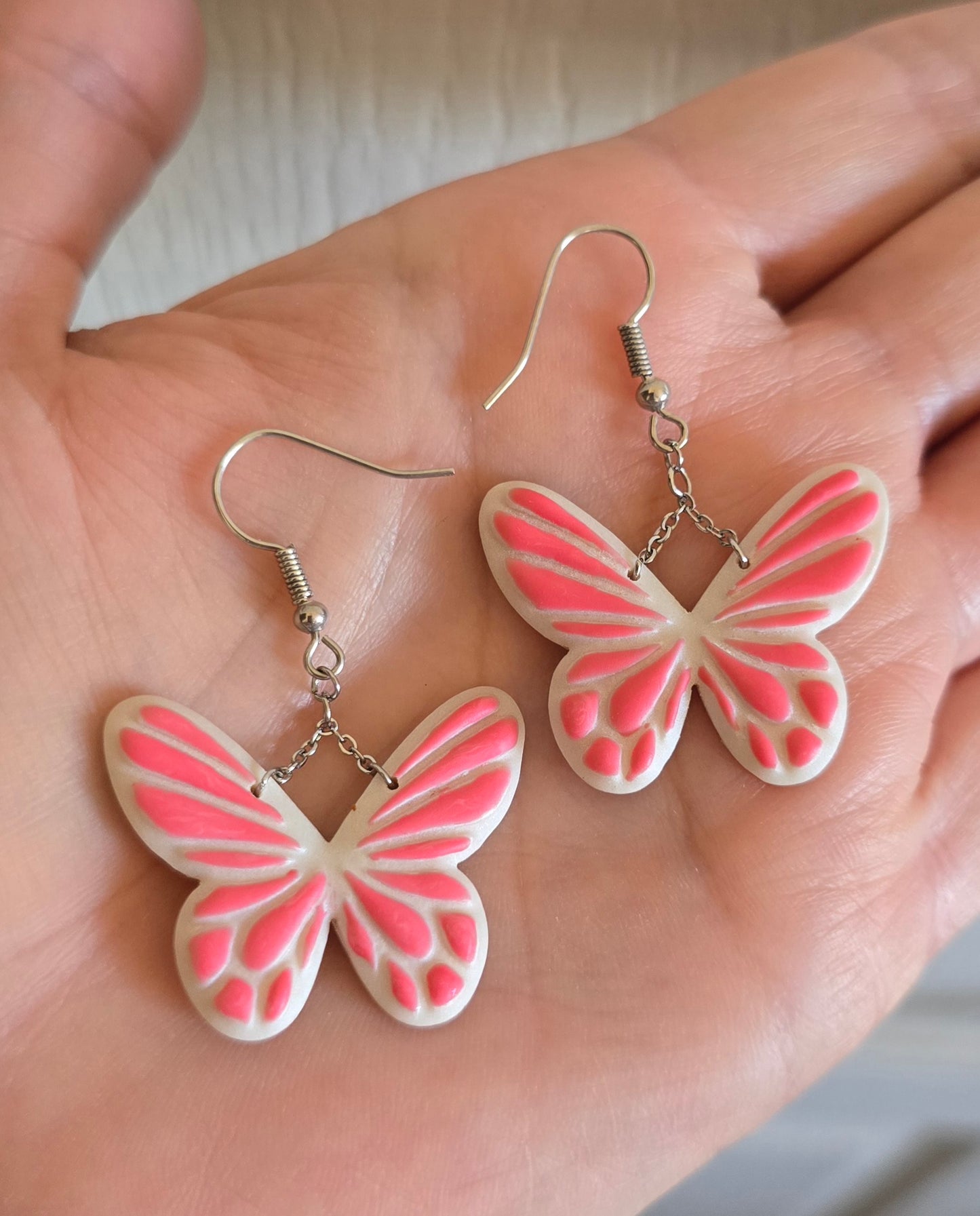 Pearl and Pink Hanging Butterfly Dangle Earrings