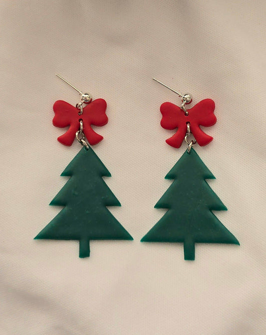 Green Christmas Tree with Red Bow Earrings