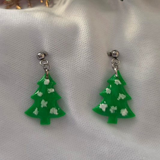 Mini Green Tree with Snow Earrings