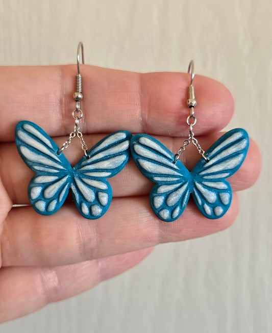 Teal and Pearl Hanging Butterfly Dangle Earrings