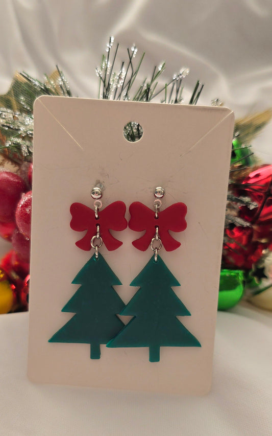 Green Christmas Tree with Red Bow Earrings