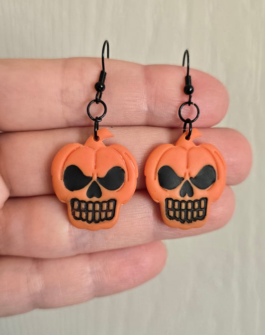Orange and Black Skull Pumpkin Earrings