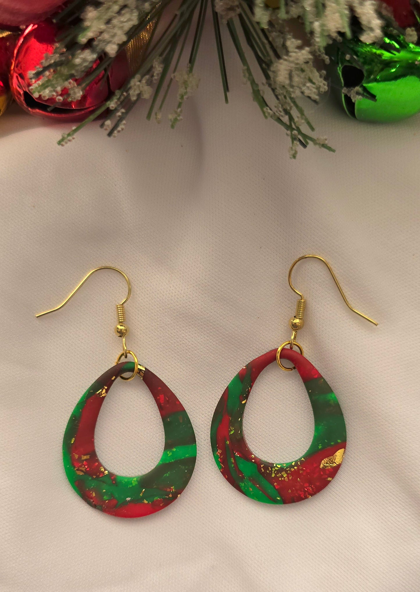 Red, Green & Gold Oval Hoop Earrings