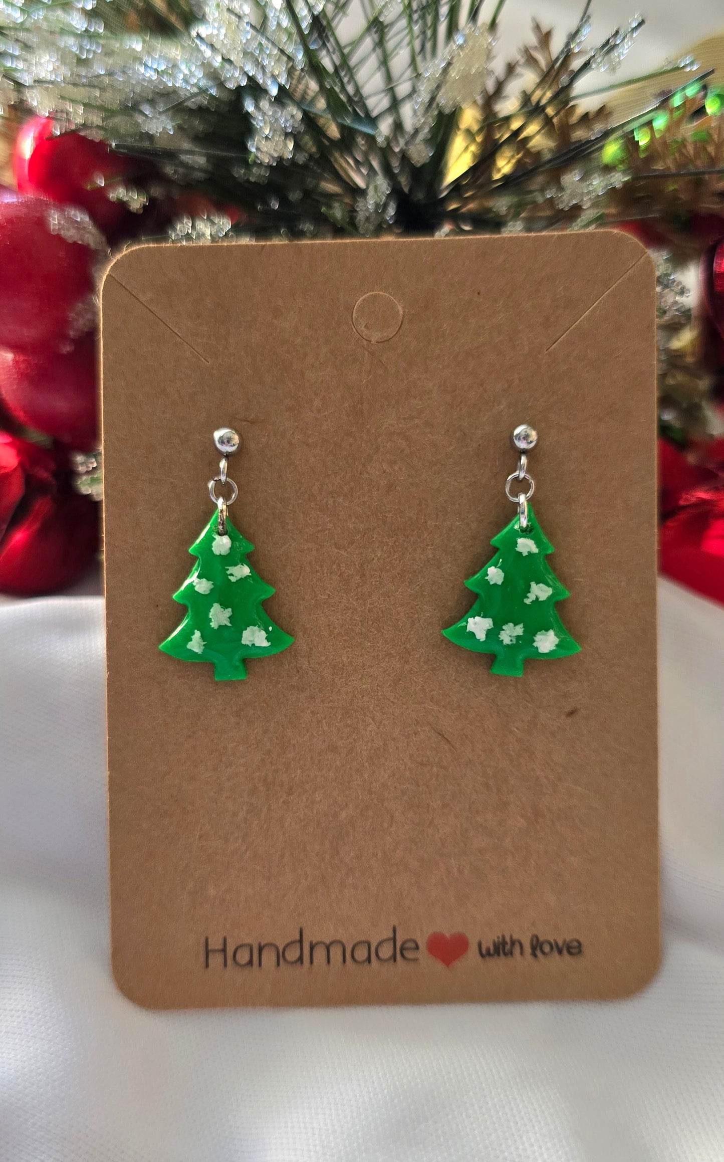 Mini Green Tree with Snow Earrings