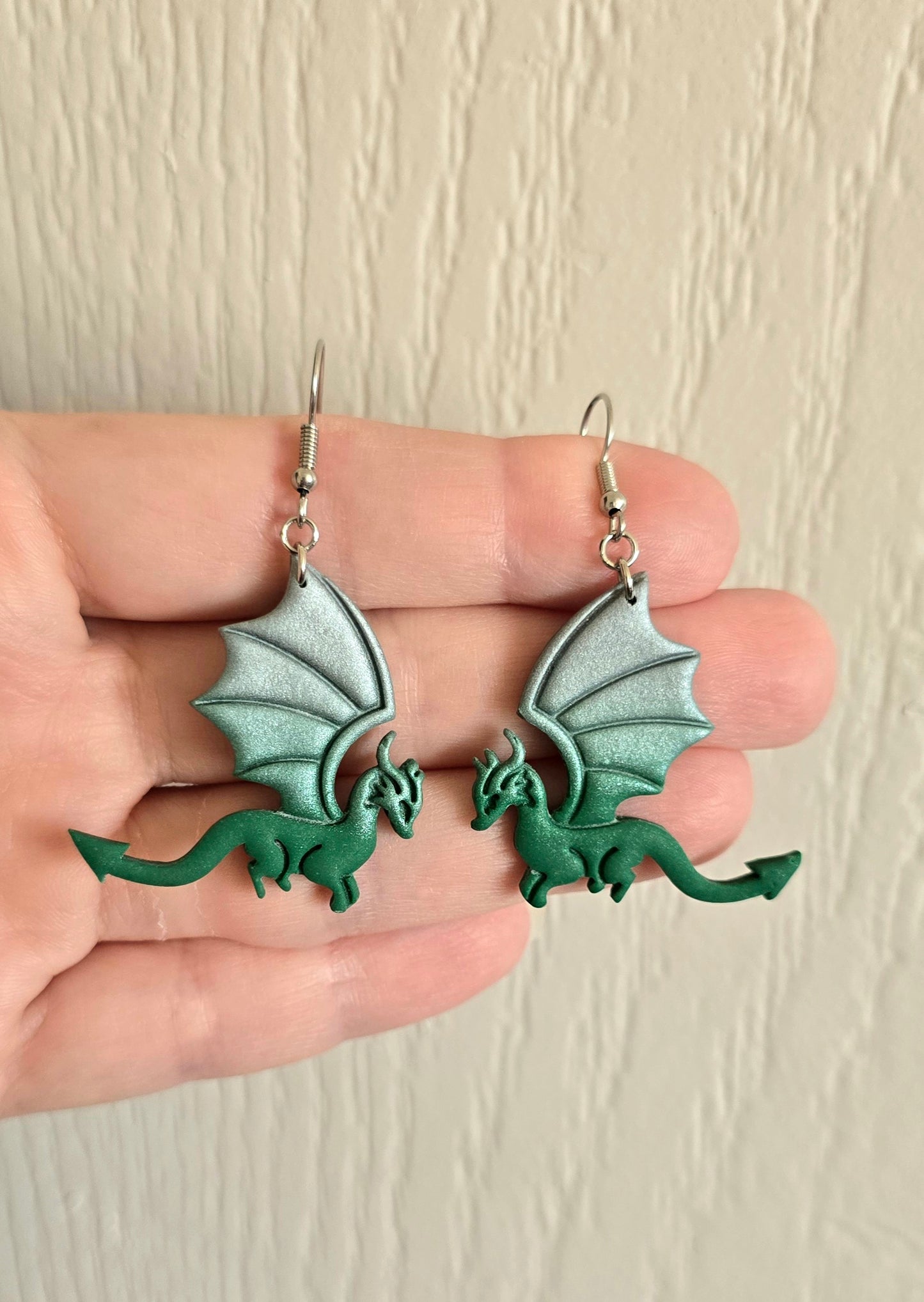 Emerald Green and Silver Dragon Earrings