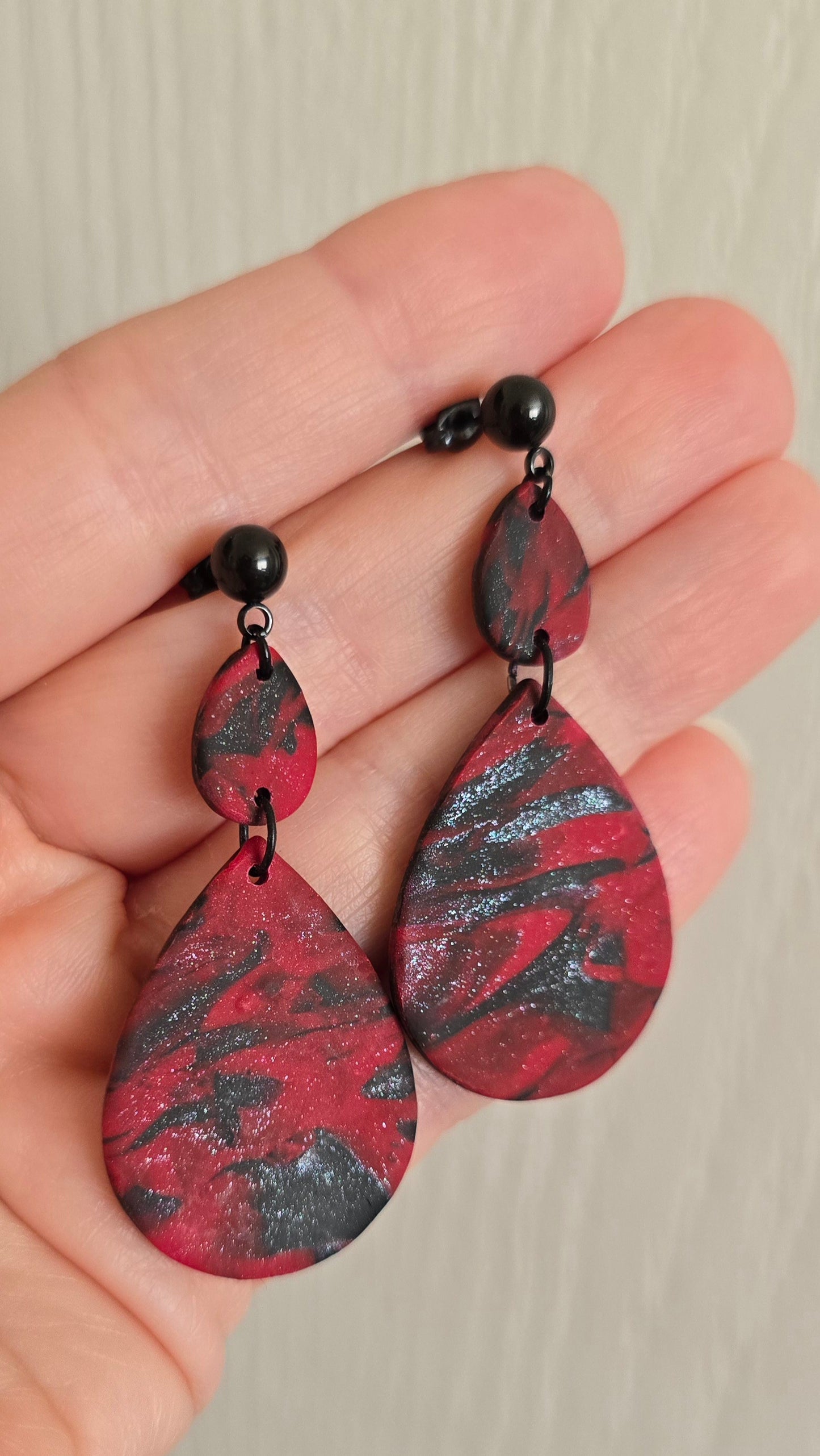 Red and Black Shimmer Teardrop Earrings