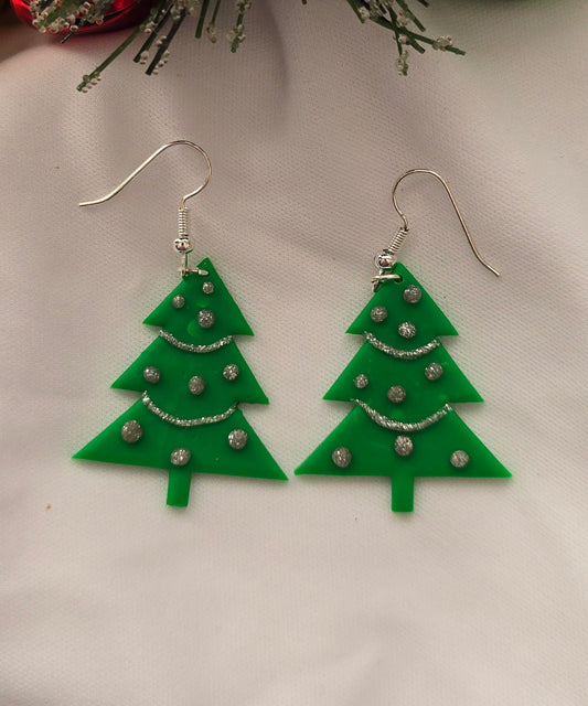 Green and Silver Christmas Tree Earrings