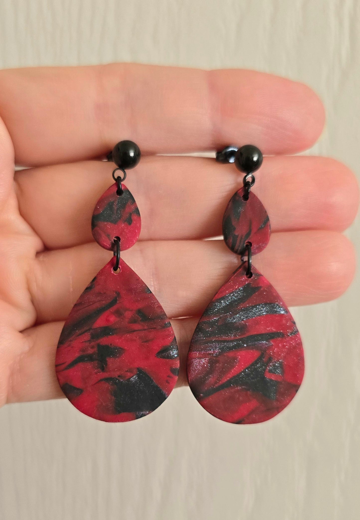 Red and Black Shimmer Teardrop Earrings