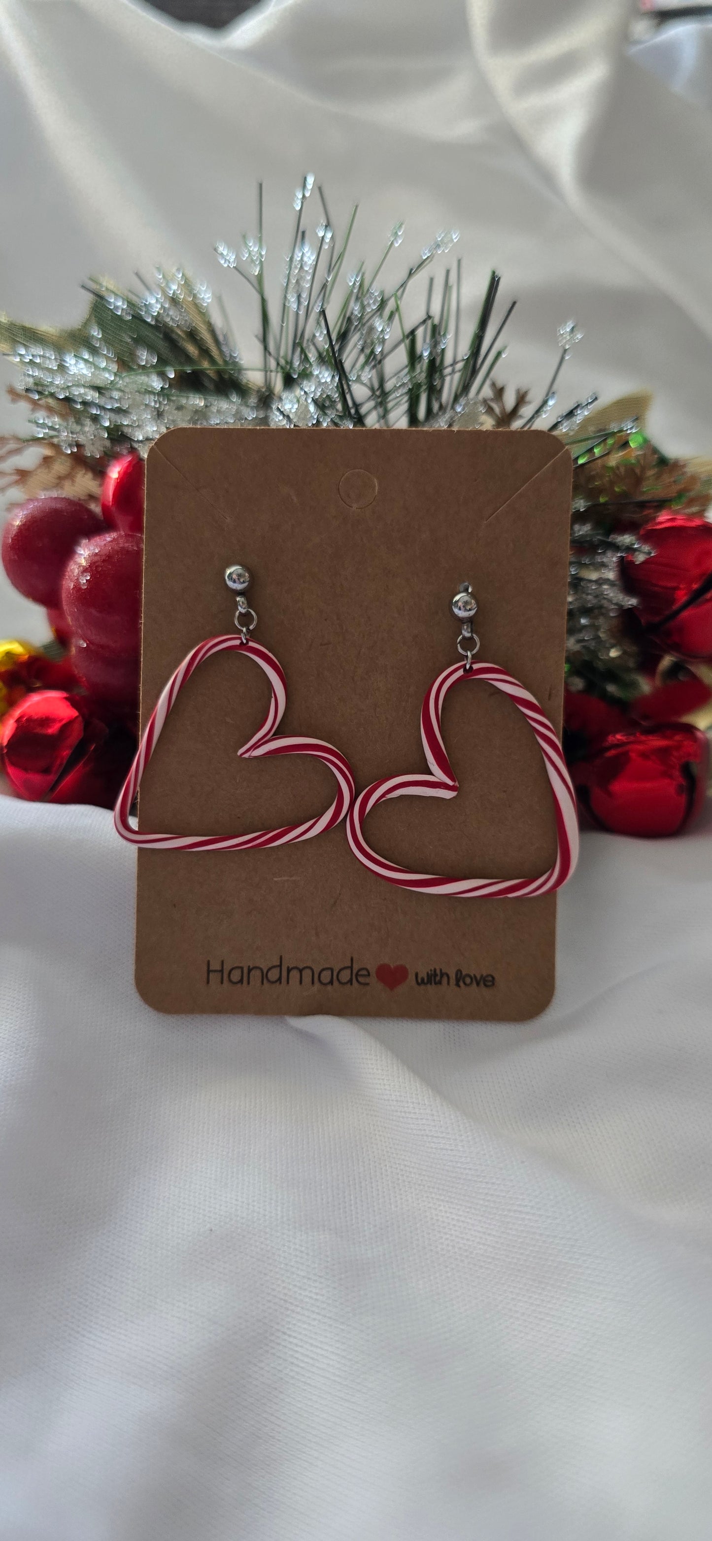 Red and White Candy Cane Heart Earrings