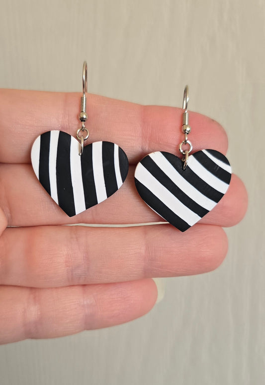 Black and White Zebra Striped Large Heart Earrings