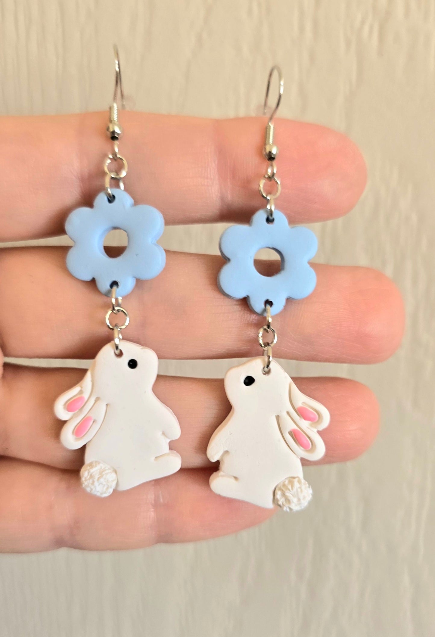 White Easter Bunny with Flower Dangle Earrings