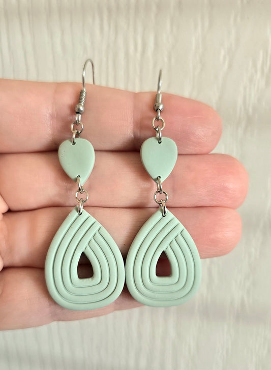Sage Green Embossed Teardrop Dangle Earrings