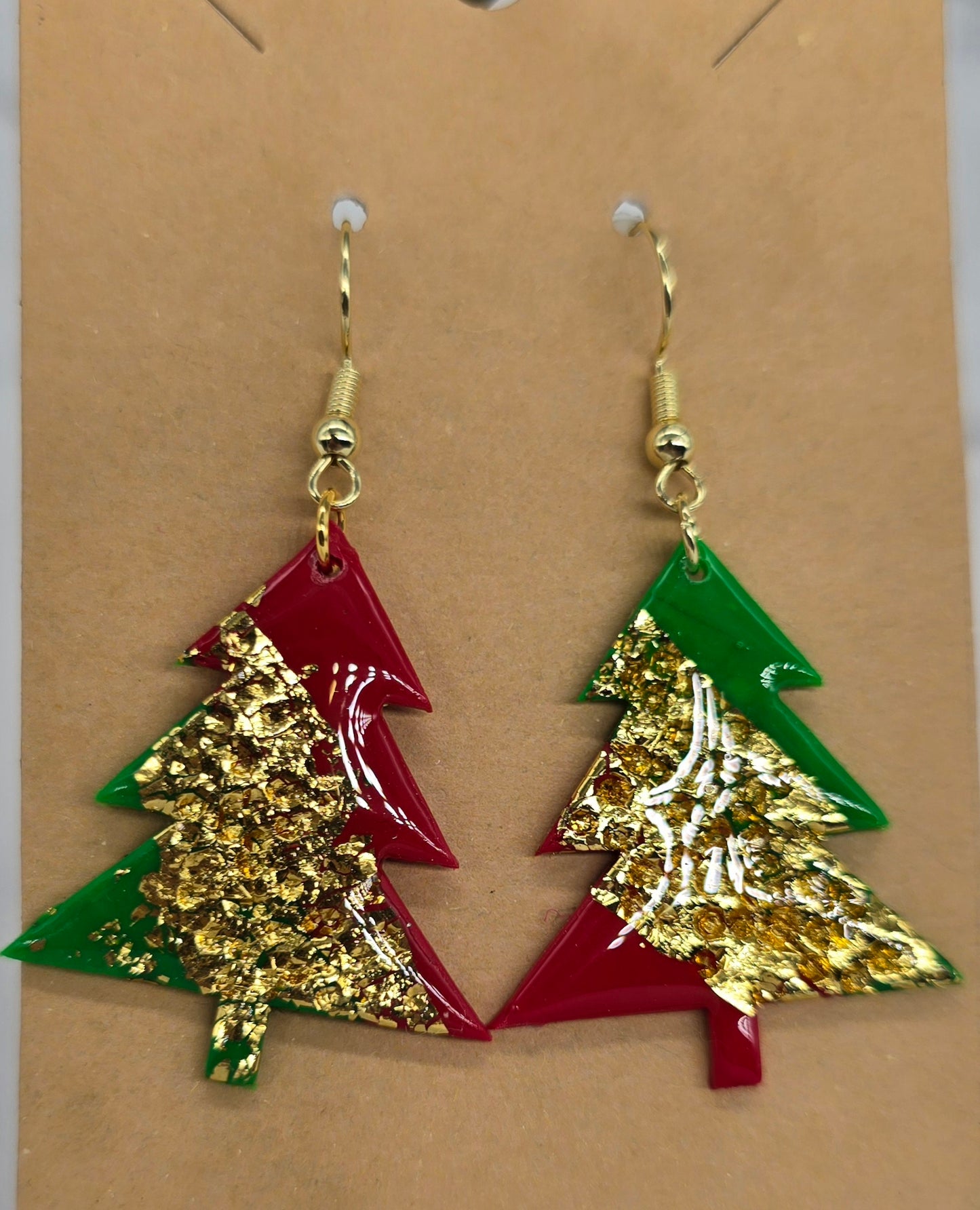 Red, Green & Gold Christmas Tree Earrings