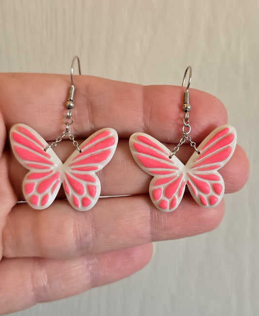 Pearl and Pink Hanging Butterfly Dangle Earrings