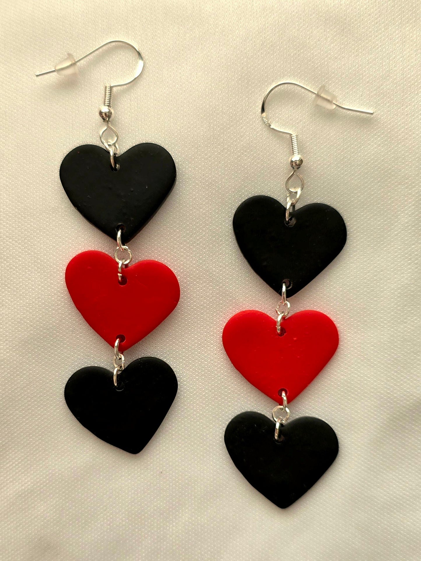 Black and Red Three Heart Dangle Earrings