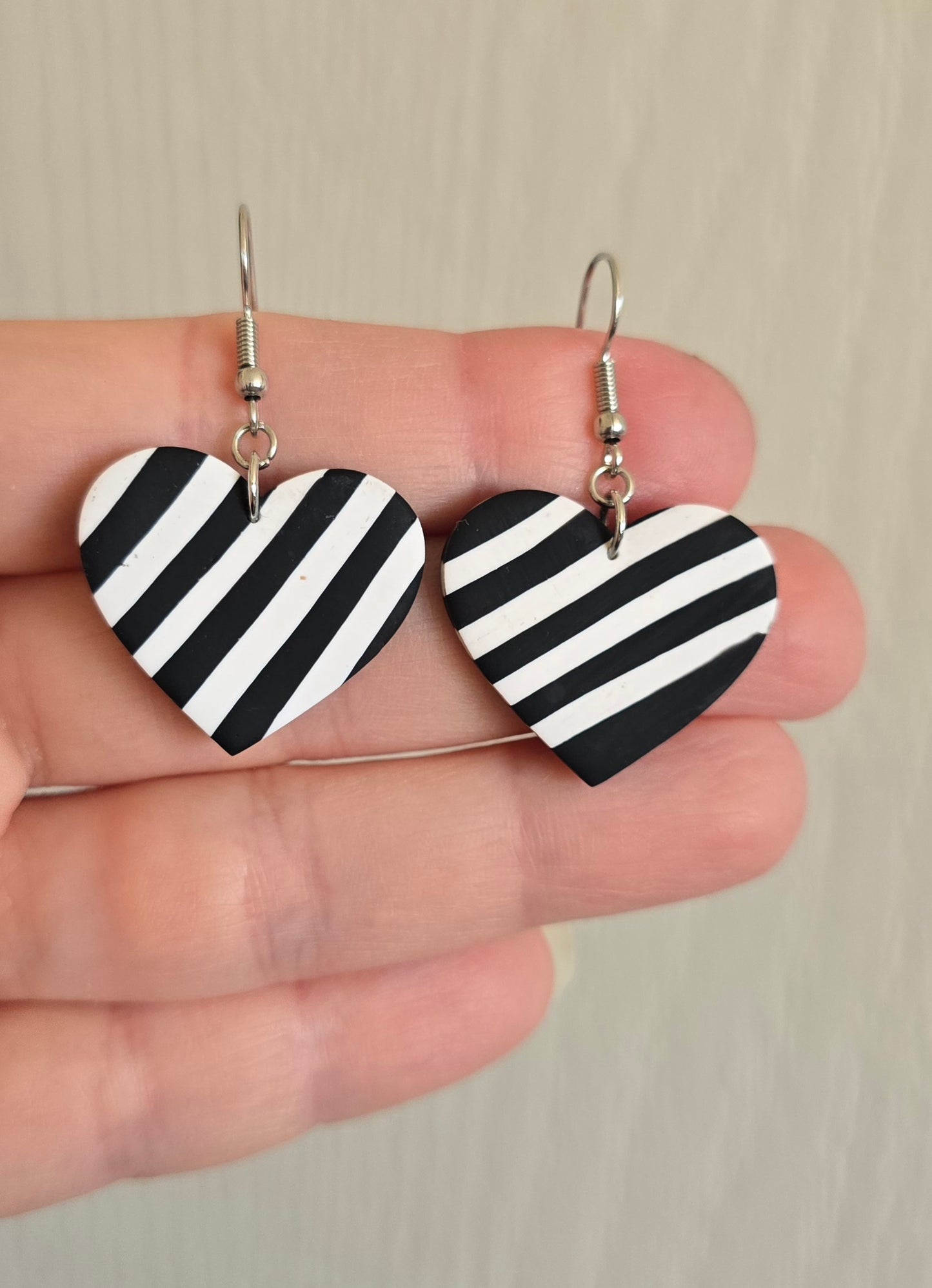 Black and White Zebra Striped Large Heart Earrings