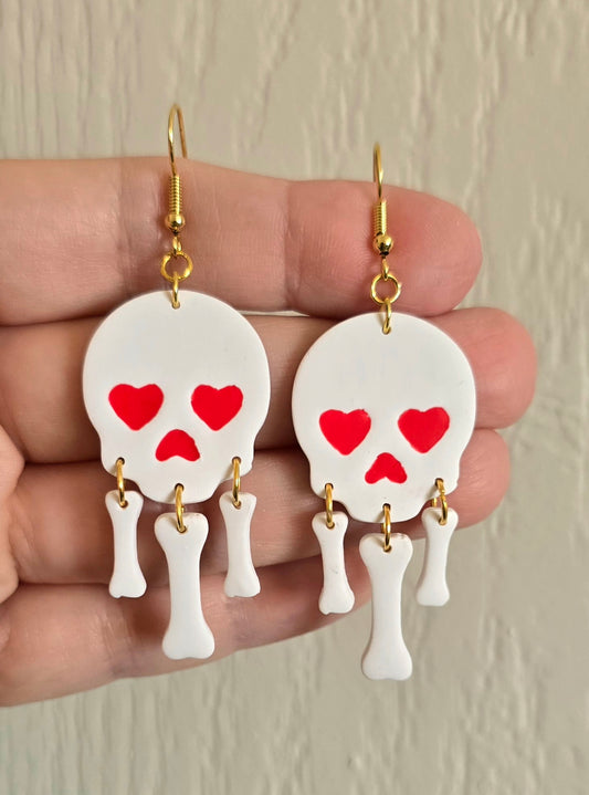 White Skull and Bones Halloween Dangle Earrings