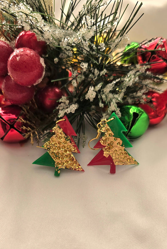 Red, Green & Gold Christmas Tree Earrings