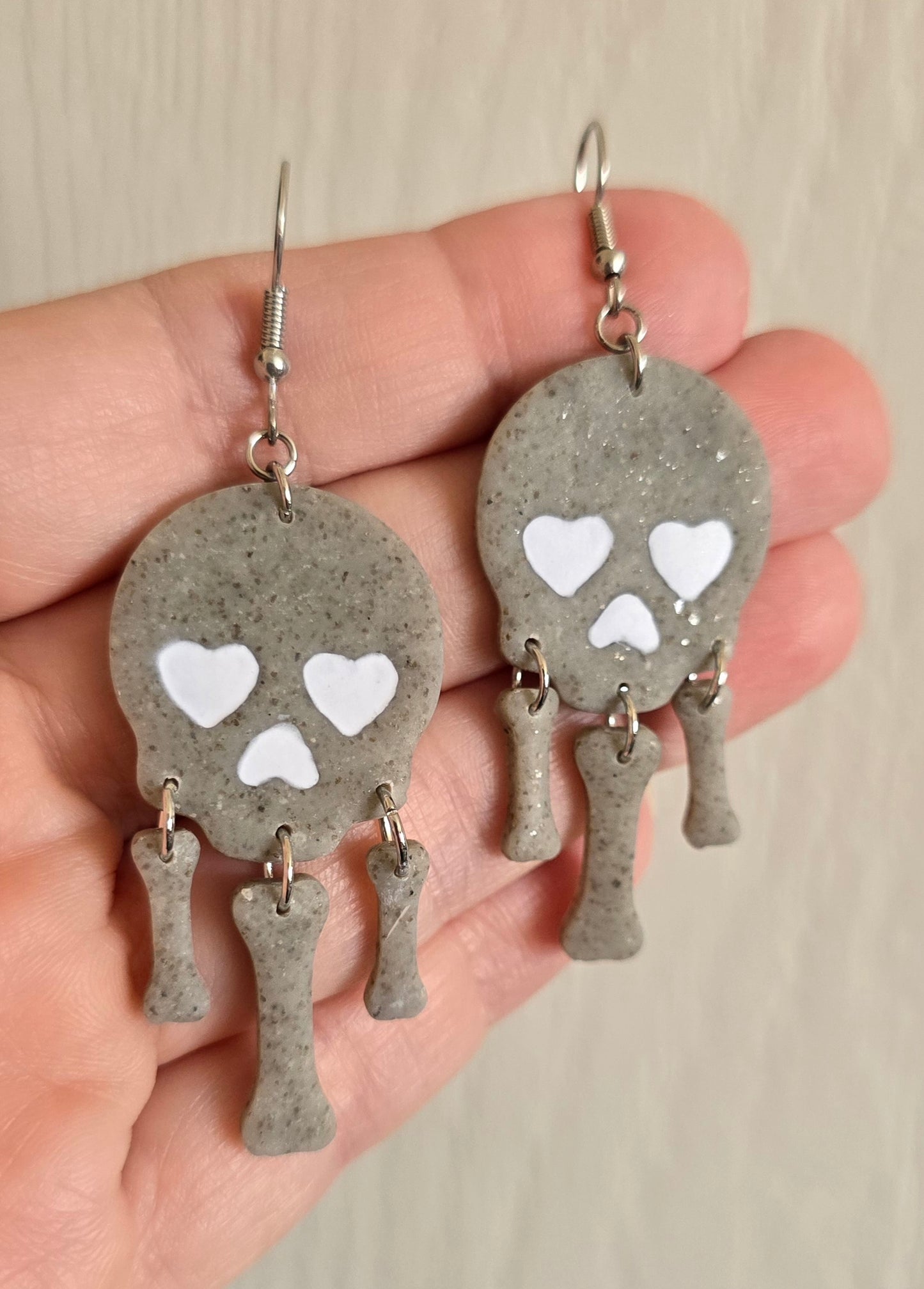 Gray Skull and Bones Halloween Dangle Earrings