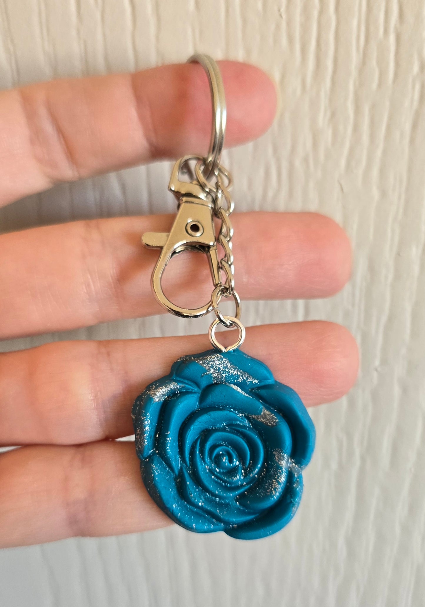 Teal and Silver Rose Keychain