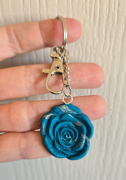 Teal and Silver Rose Keychain