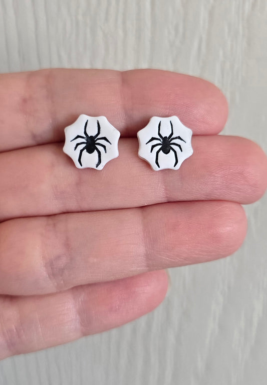 Mini Black and White Spider Stud Earrings