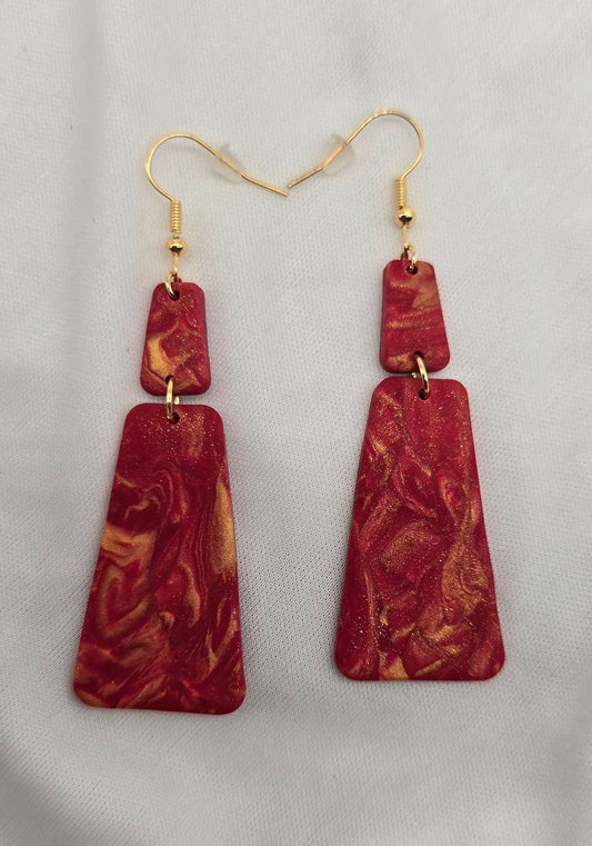 Gold and Red Swirl Rectangle Earrings