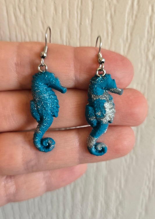 Teal and Silver Seahorse Earrings