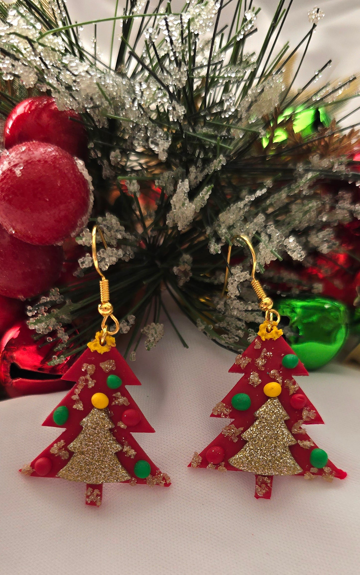 Red and Silver Colorful Christmas Tree Earrings