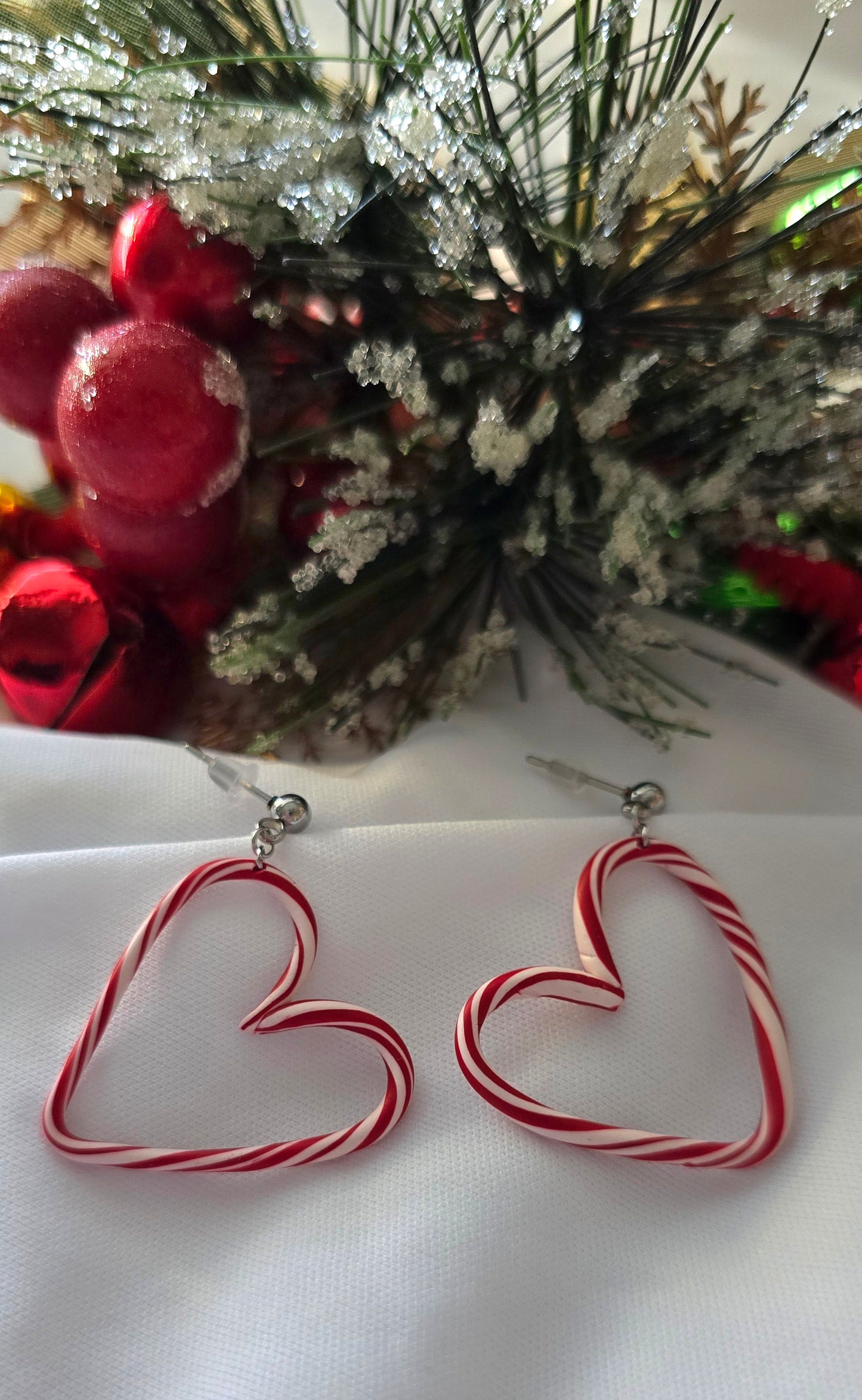 Red and White Candy Cane Heart Earrings