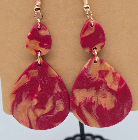 Gold and Red Swirl Teardrop Earrings