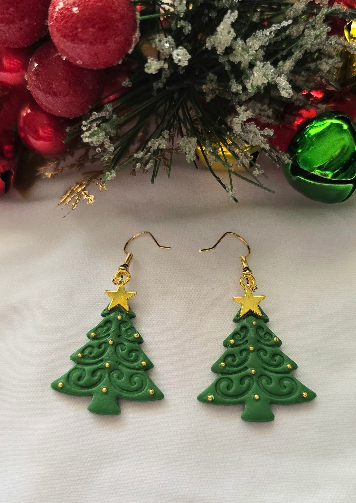 Green Christmas Tree Gold Star Earrings