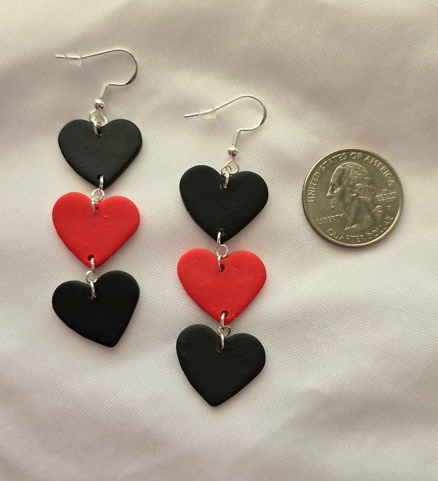 Black and Red Three Heart Dangle Earrings