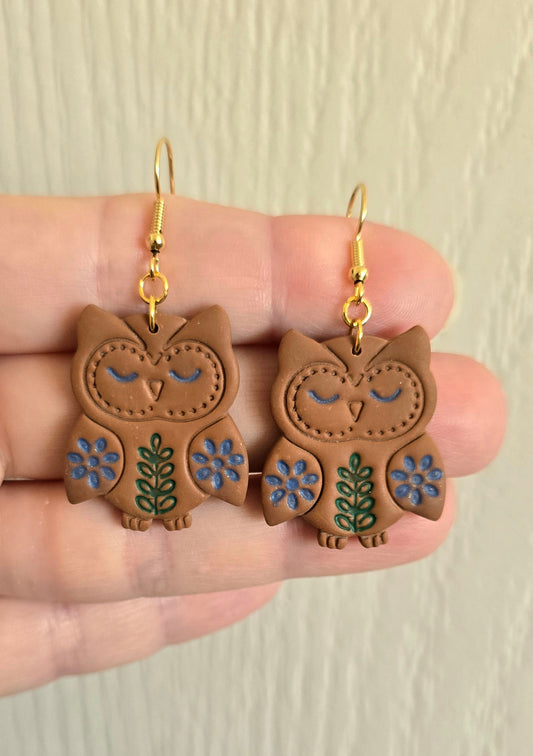 Woodland Blossom Brown Owl Earrings