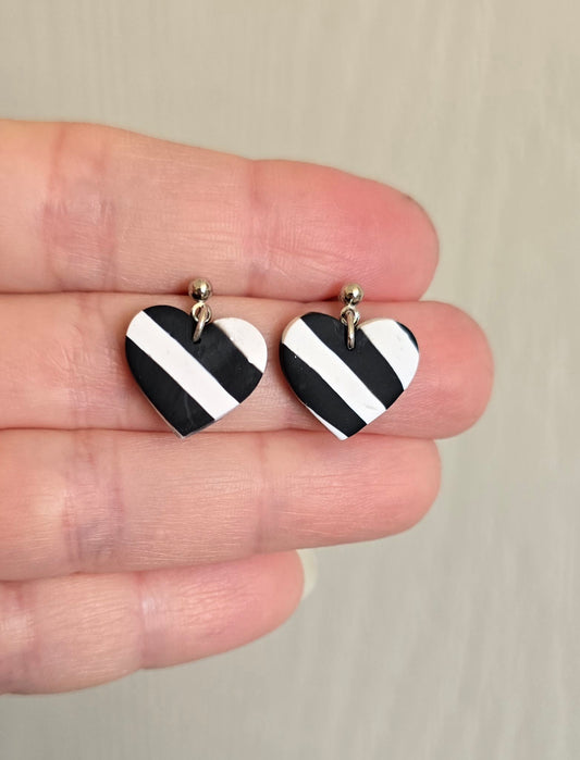 Black and White Zebra Striped Small Heart Earrings