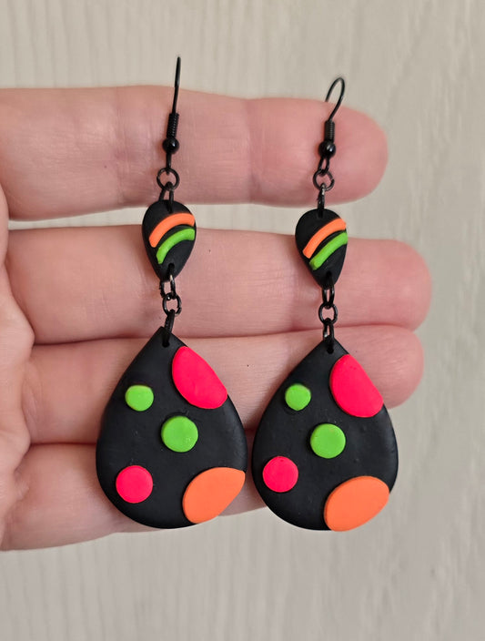 Black Teardrop with Neon Circles Earrings