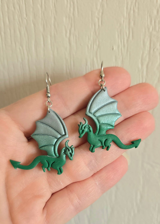 Emerald Green and Silver Dragon Earrings