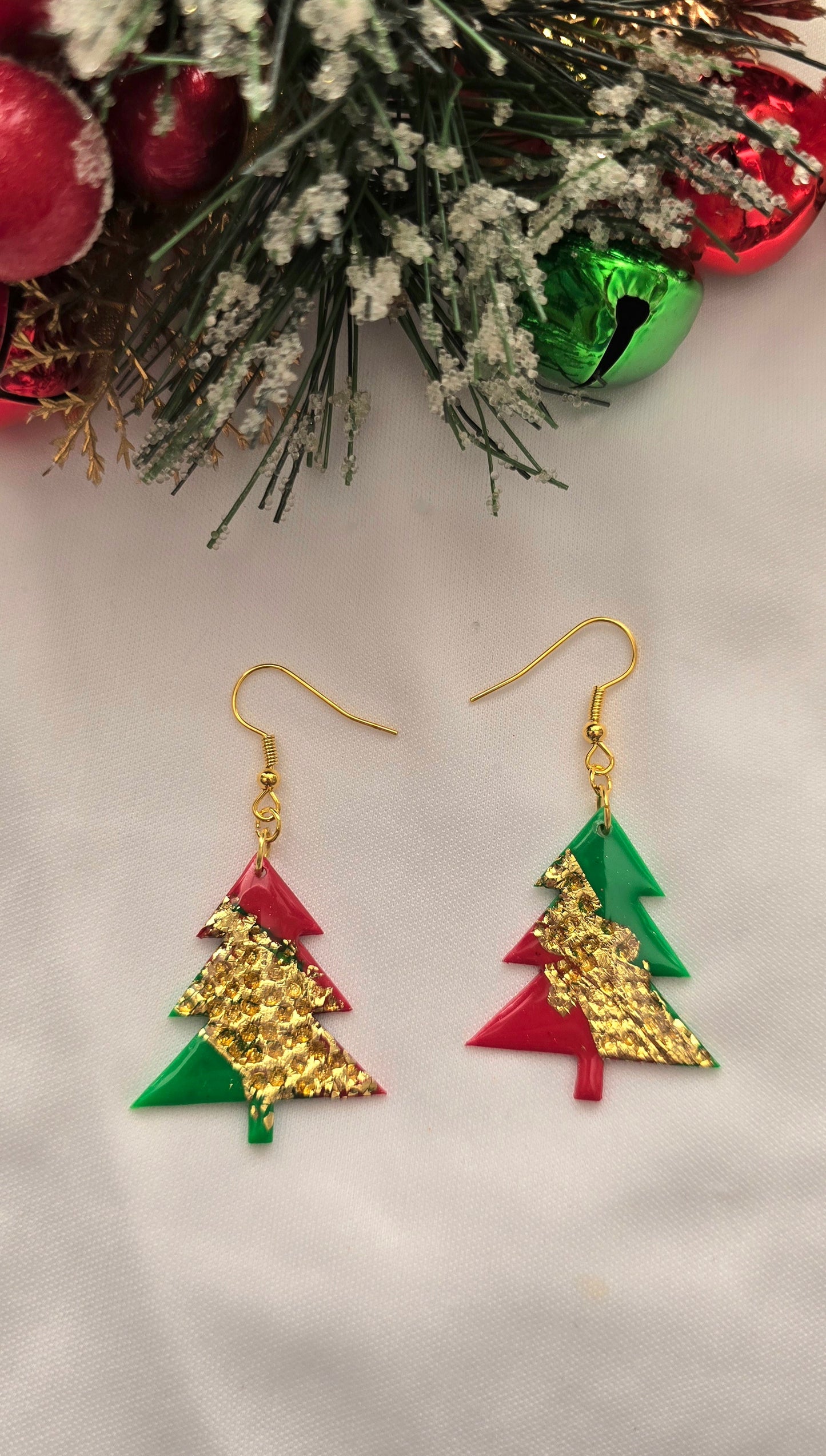 Red, Green & Gold Christmas Tree Earrings
